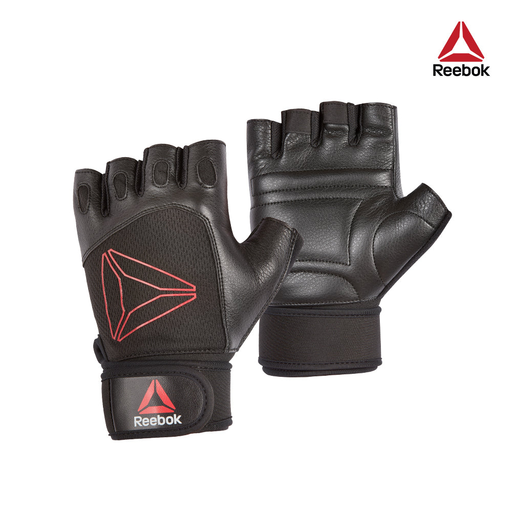 【福利品】Reebok 短指皮革重訓手套(黑/紅)-S~XL