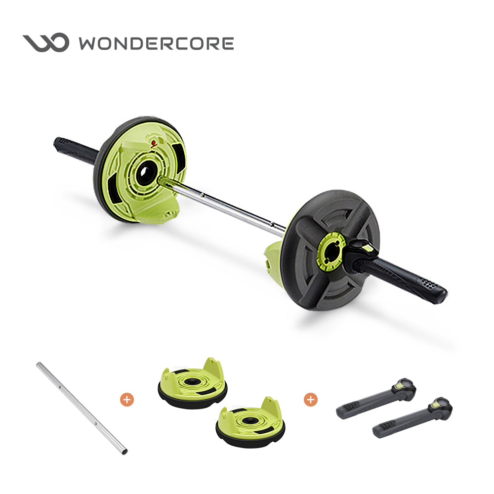 Wonder Core Genius UTK 終極鍛鍊組（黑配檸檬綠）產品照，含健腹輪、延伸桿與配件，14 天腰腹雕塑三合一套組