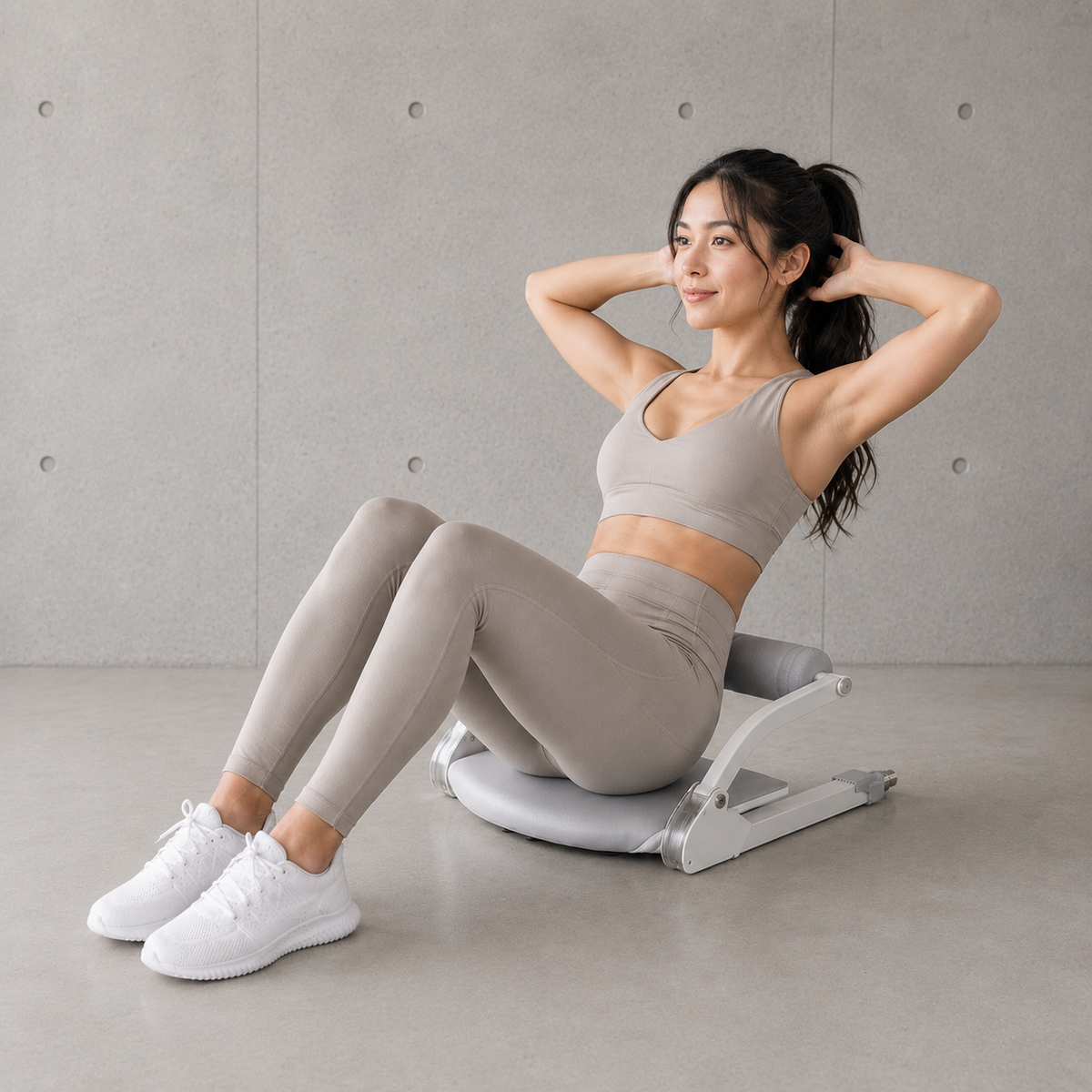 女性穿淺灰運動服、雙手放腦後，坐在星霧灰 Wonder Core Smart 健腹器上做捲腹動作，示範上班族 14 天不傷腰的居家核心訓練