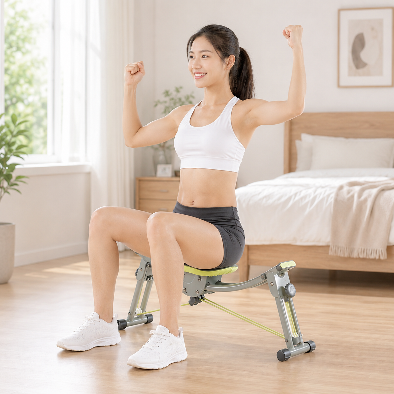 女性穿白色運動內衣坐在 Wonder Core Sway N Fit 搖擺健腹椅上、雙臂上舉展現活力，明亮臥室場景，示範產後媽媽在家做的低衝擊坐姿核心恢復訓練