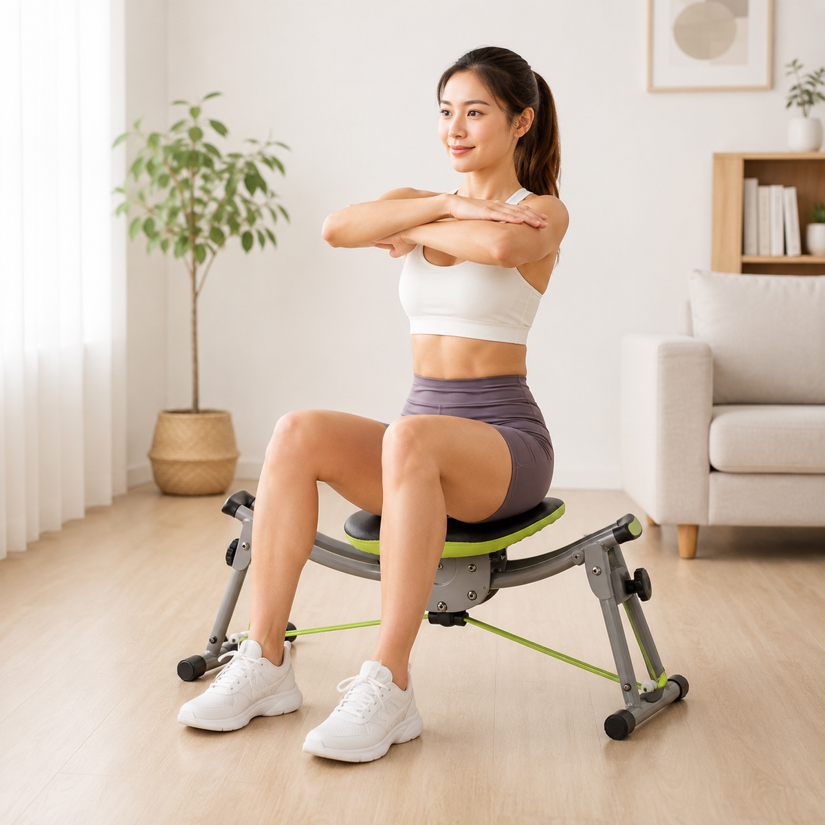 女性雙手抱胸坐在 Wonder Core Sway N Fit 搖擺健腹椅（灰配檸檬綠）上，明亮客廳居家核心雕塑椅示範