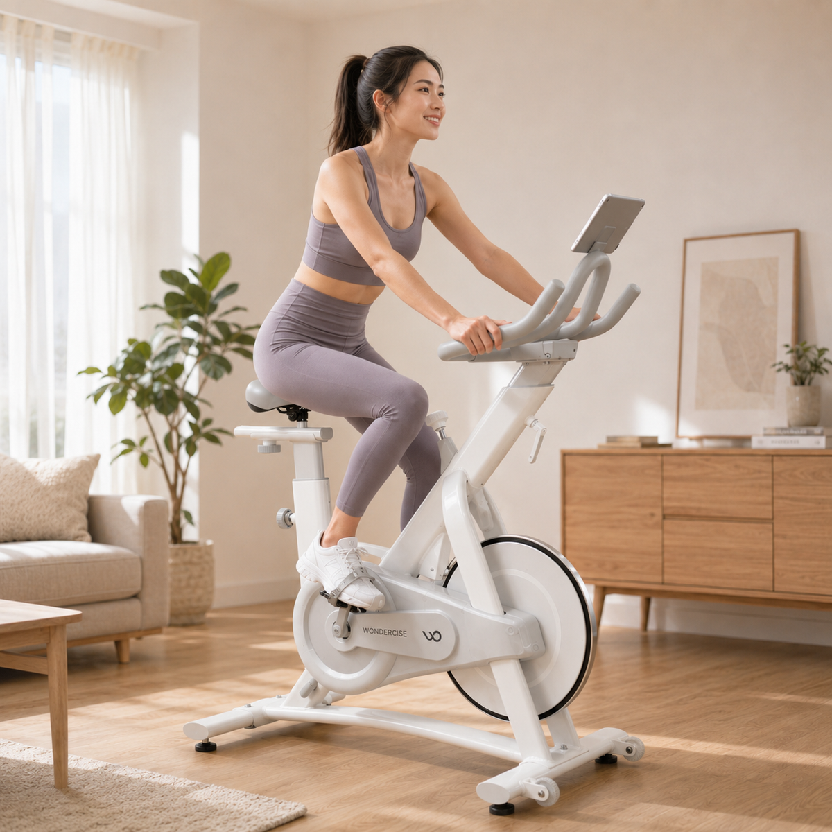 女性在明亮客廳騎乘 Wondercise Bike，進行飛輪車新手 30 天居家有氧訓練