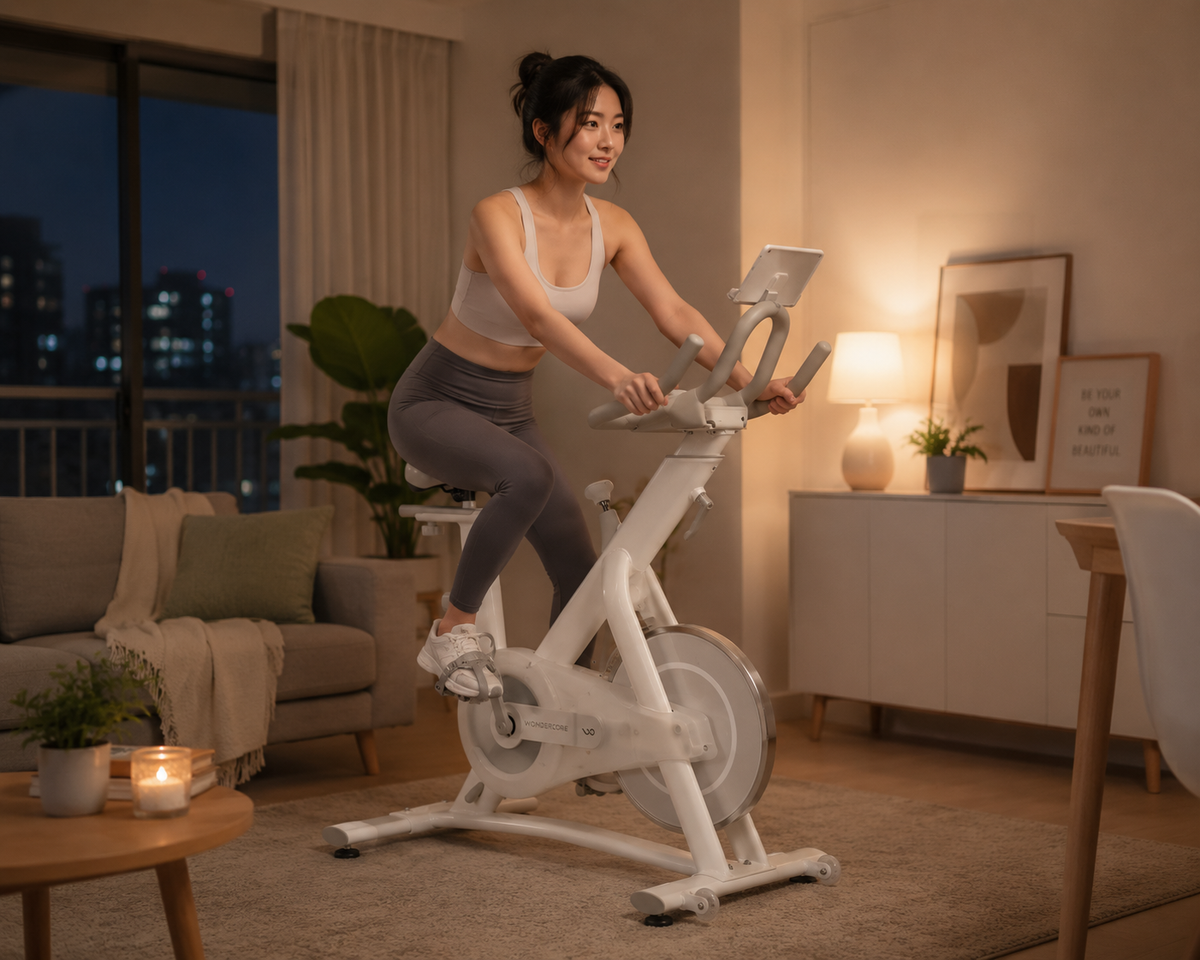 女性於夜晚溫馨公寓客廳騎乘白色 Wonder Core Bike 智能飛輪車，靜音不擾鄰的公寓飛輪車示範