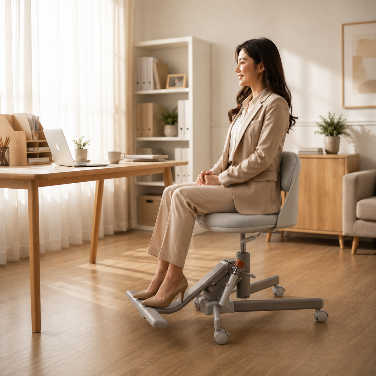專業女性穿米色西裝坐在 Wonder Core Chaircise 核心喚醒工學椅、雙腳踩底部阻力踏板，居家辦公室人體工學椅選購示範